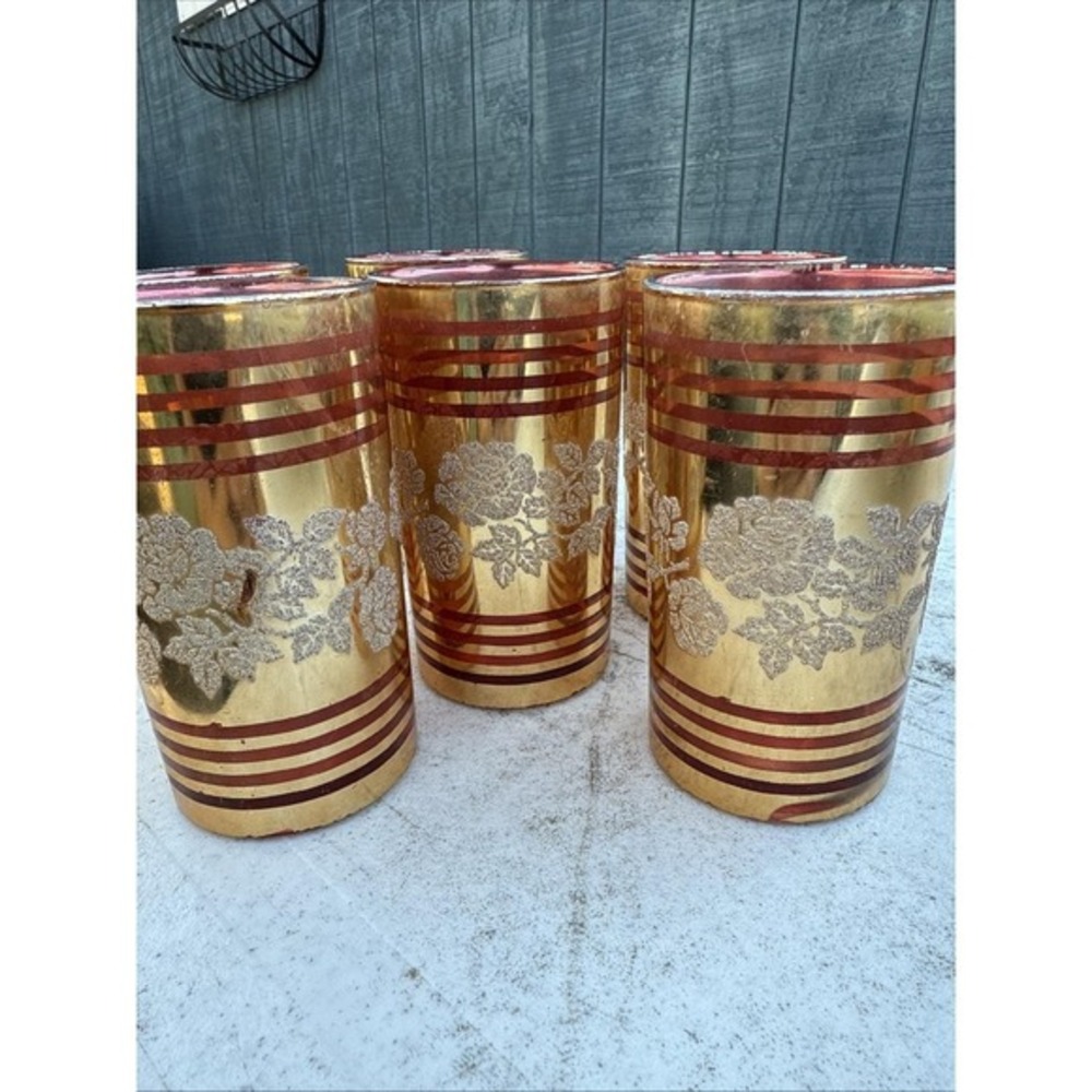 Vintage Mid Century Ruby Red Gold Rose Floral Highball‎ Glasses Set of 6 MCM